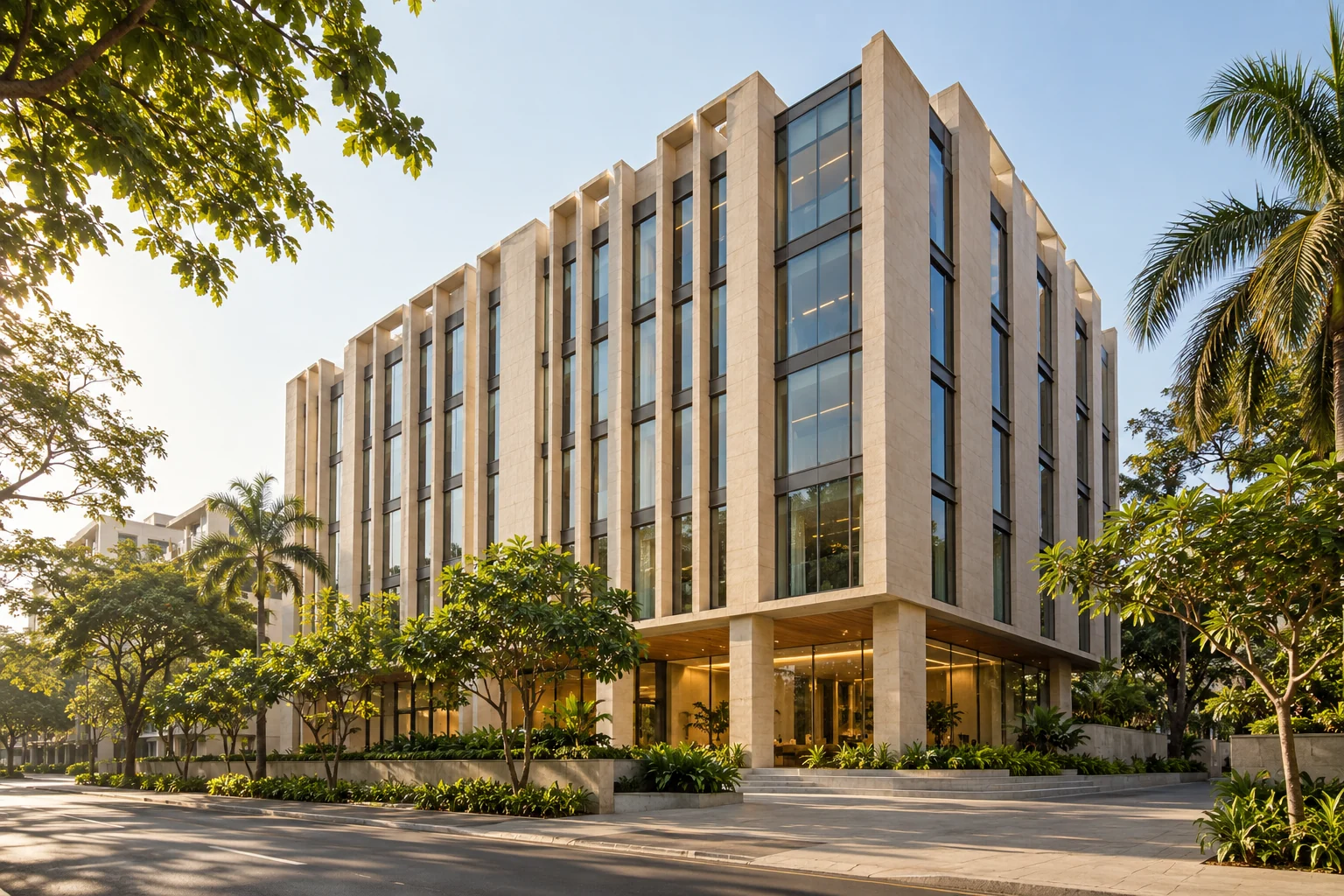 Illustrative commercial building with stone fins and glazed offices