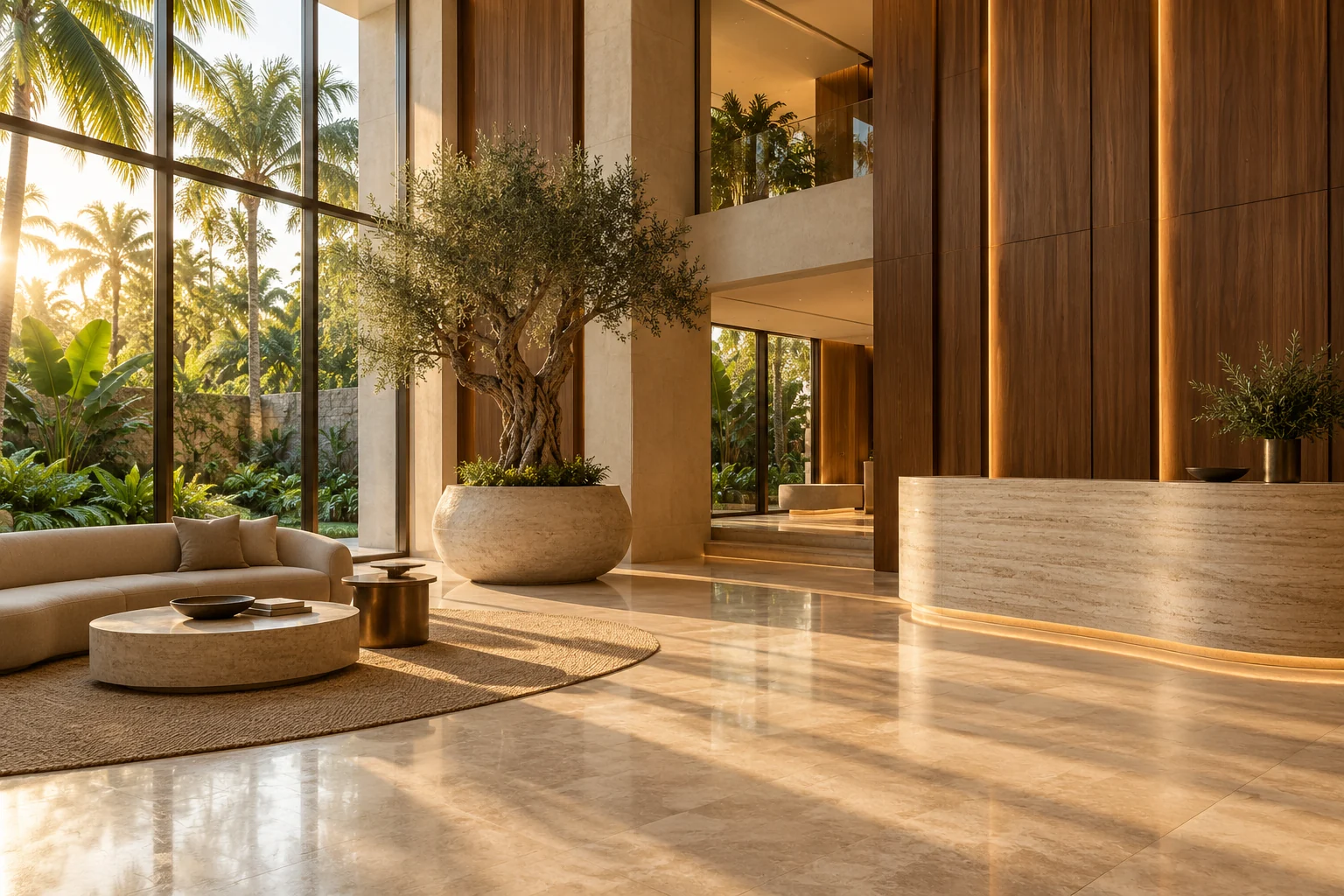 Illustrative light-filled lobby with natural stone, timber and garden views