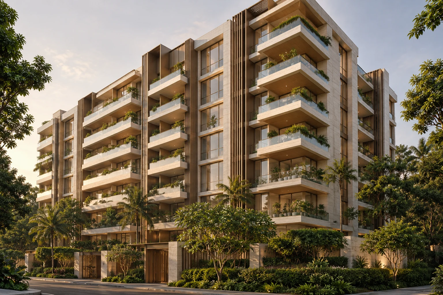 Architectural concept of an ivory stone residential building with planted balconies